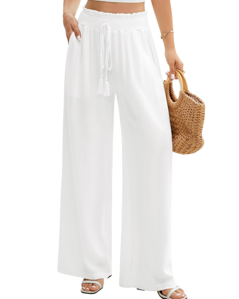 Bianca Women’s Linen Wide Leg Pants – Elastic Waist Summer Trousers with Pockets