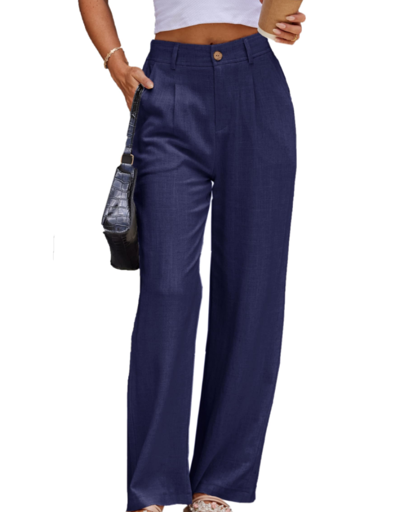 Victoria Women’s Linen Trousers – High Waist Pleated Pants with Side Pockets