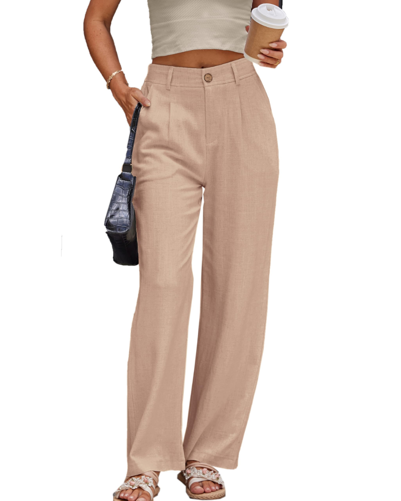 Victoria Women’s Linen Trousers – High Waist Pleated Pants with Side Pockets
