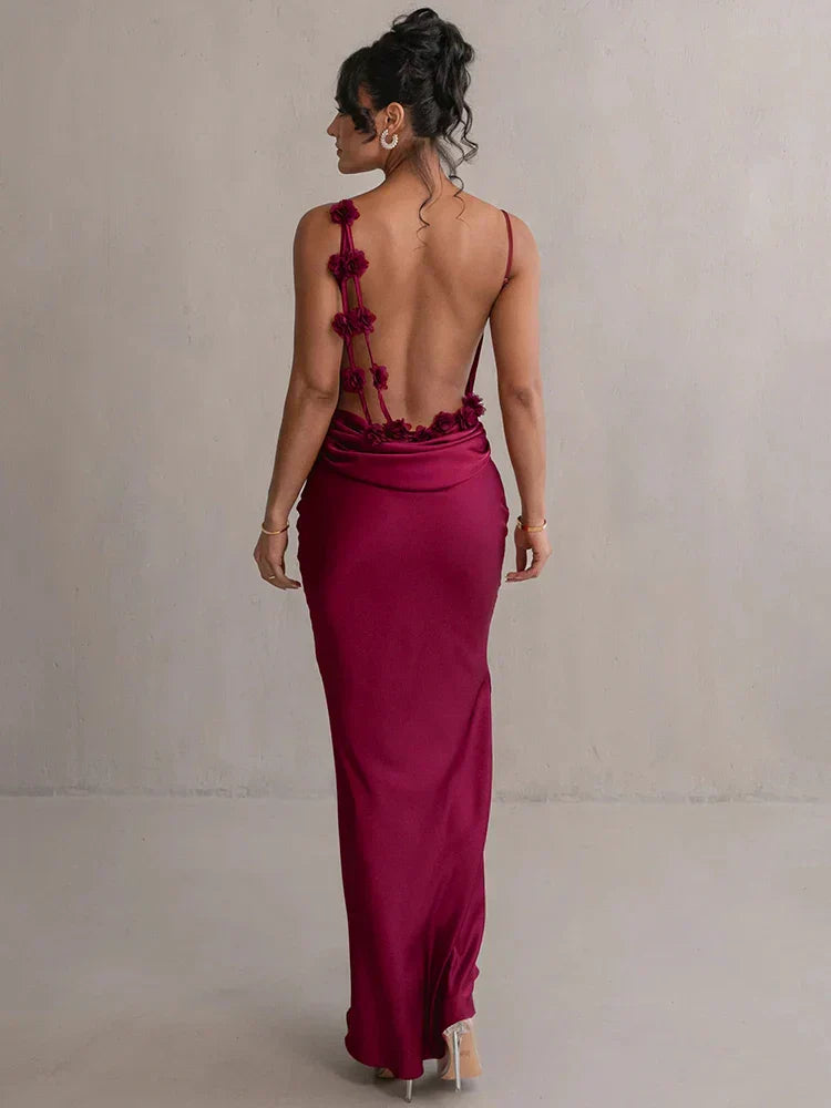 Marie Women’s Satin Evening Dress – Elegant Maxi Gown with Draped Neckline