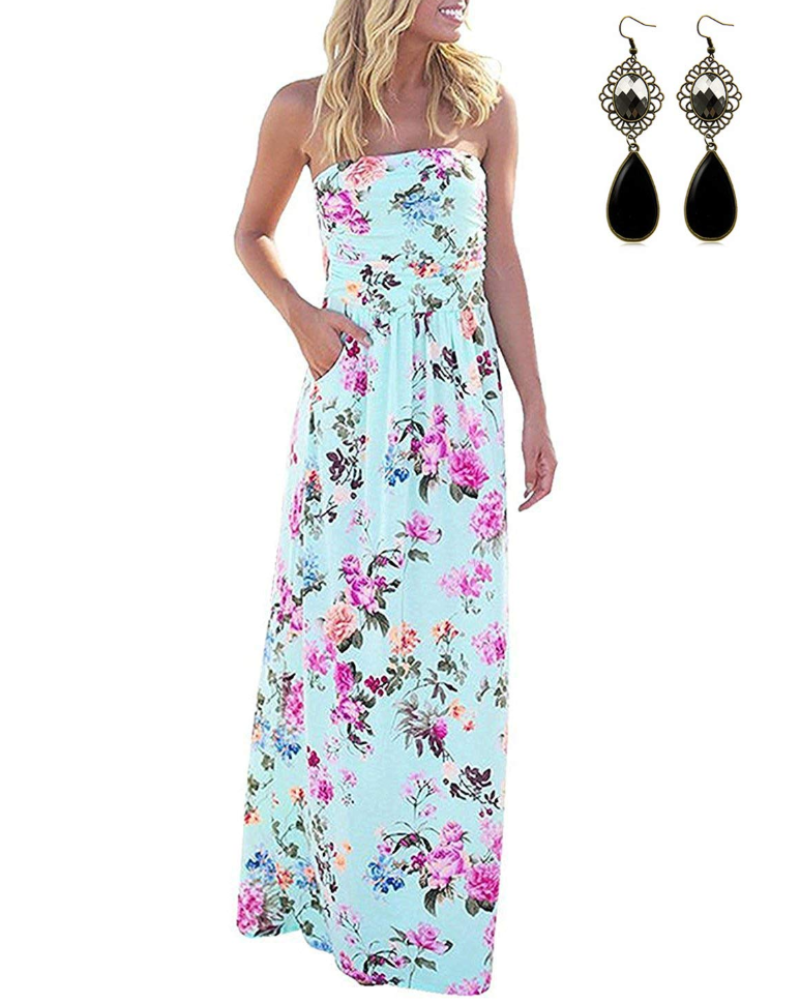 Aurora Women's Bohemian Maxi Dress – Flowy Beach Holiday Dress with Pockets