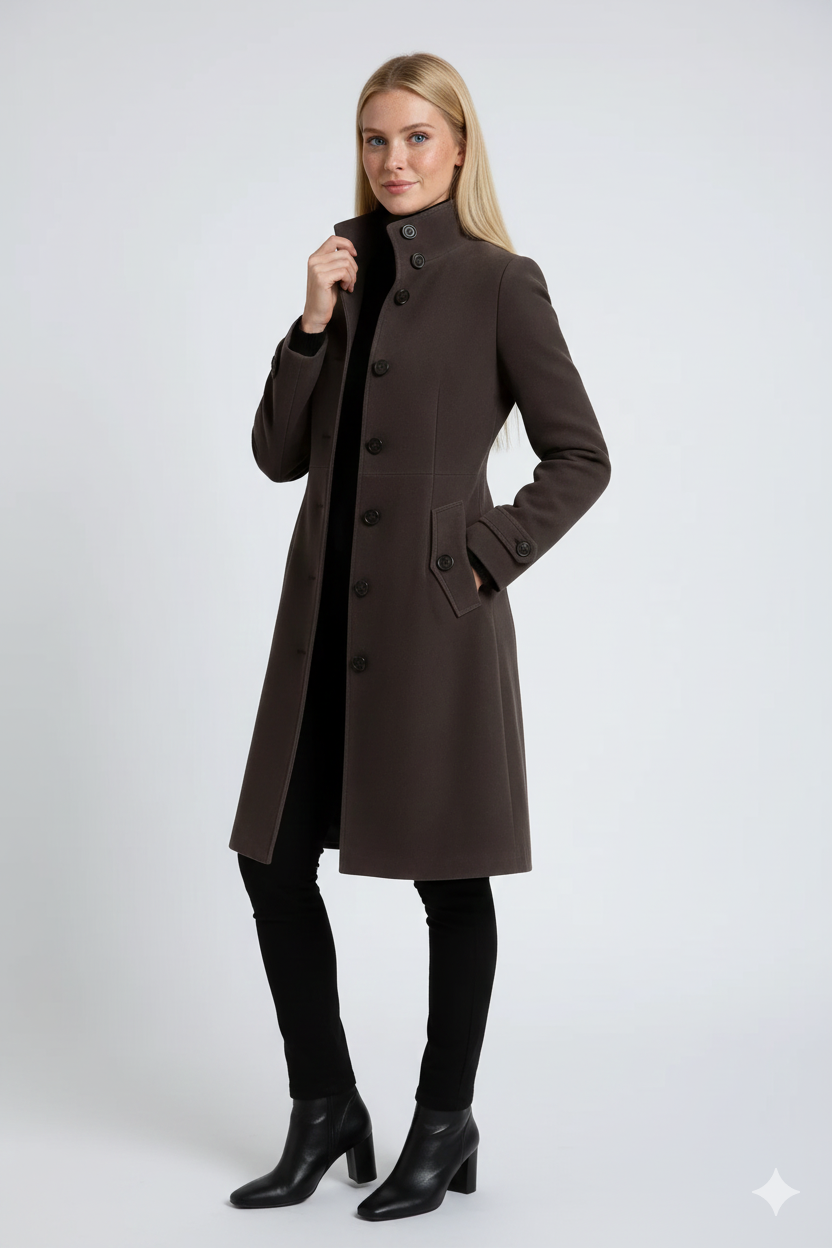 Sandy Women’s Winter Trench Coat – Elegant Fitted Jacket with High Collar Design
