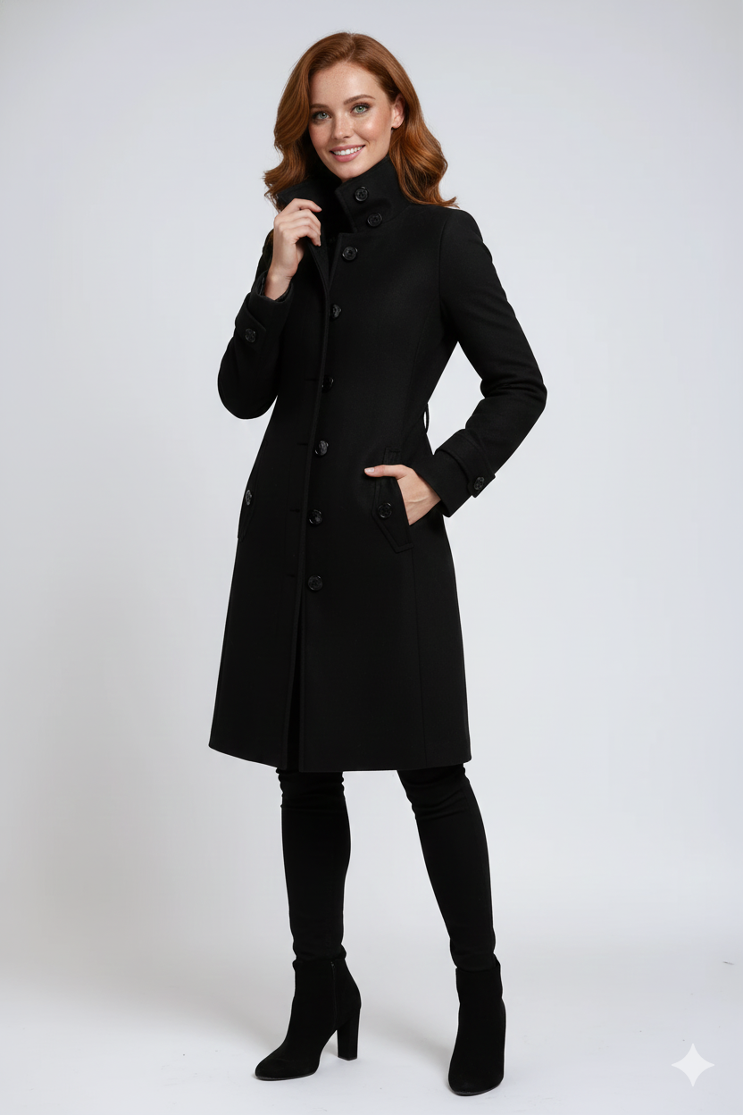 Sandy Women’s Winter Trench Coat – Elegant Fitted Jacket with High Collar Design