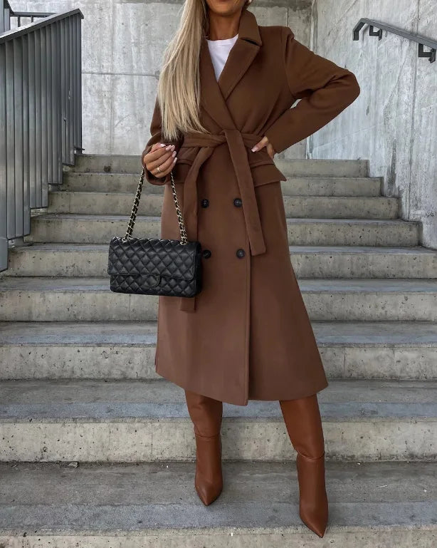 Talia Women’s Long Winter Coat – Elegant Belted Trench Coat with Double Breasted Fit