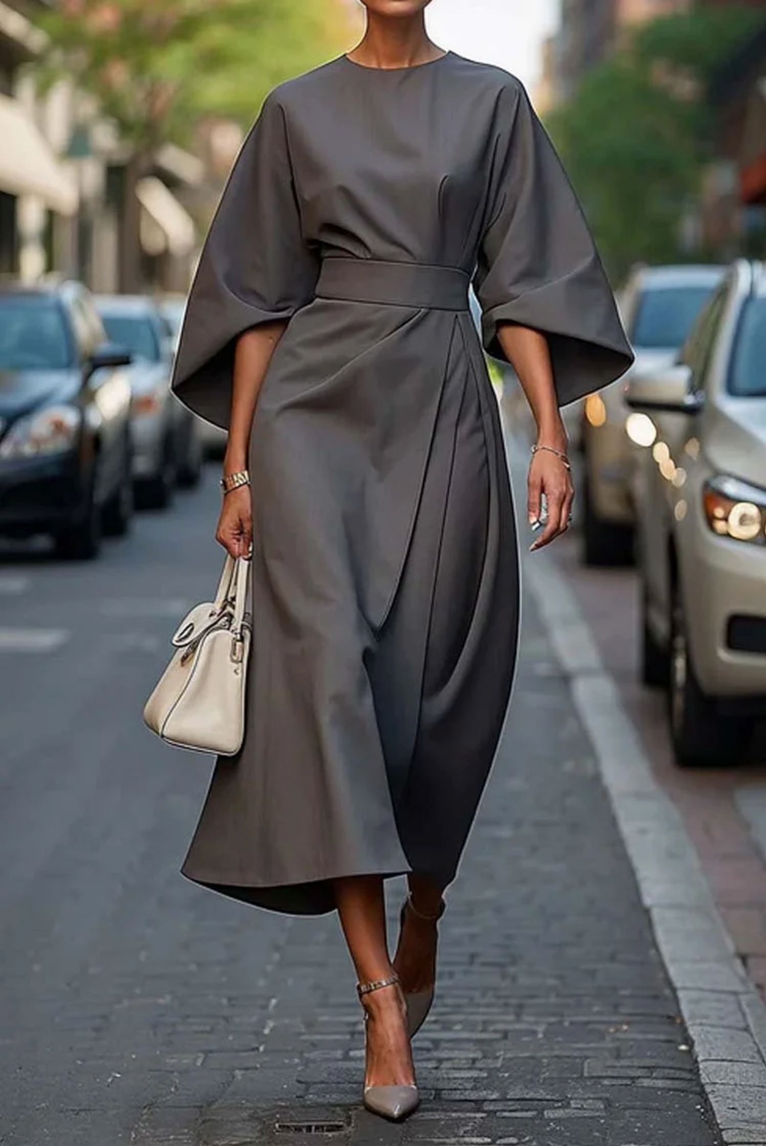 Louise Women’s Elegant Dress – Flowy Puff Sleeve Midi Dress with Adjustable Waist