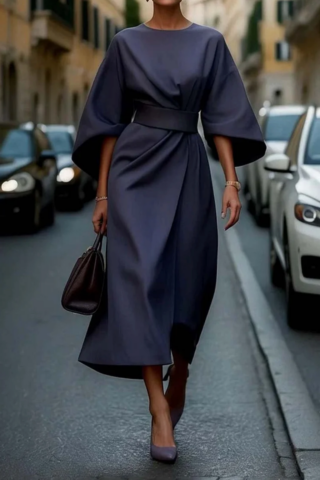 Louise Women’s Elegant Dress – Flowy Puff Sleeve Midi Dress with Adjustable Waist
