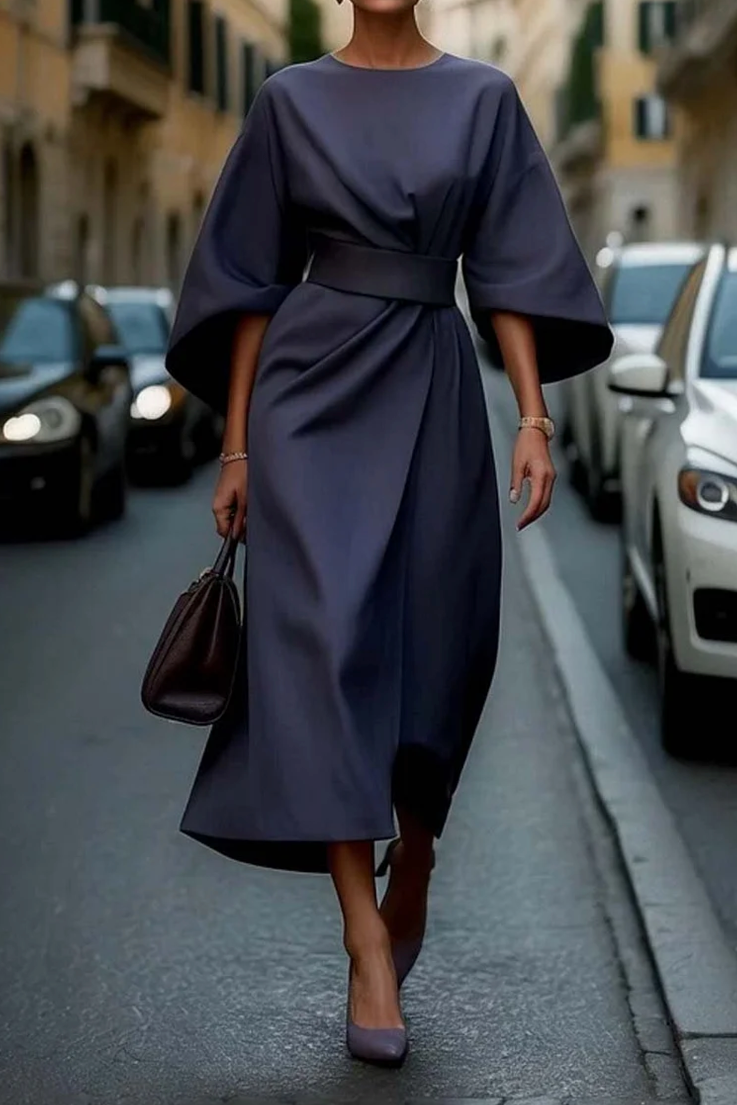 Louise Women’s Elegant Dress – Flowy Puff Sleeve Midi Dress with Adjustable Waist