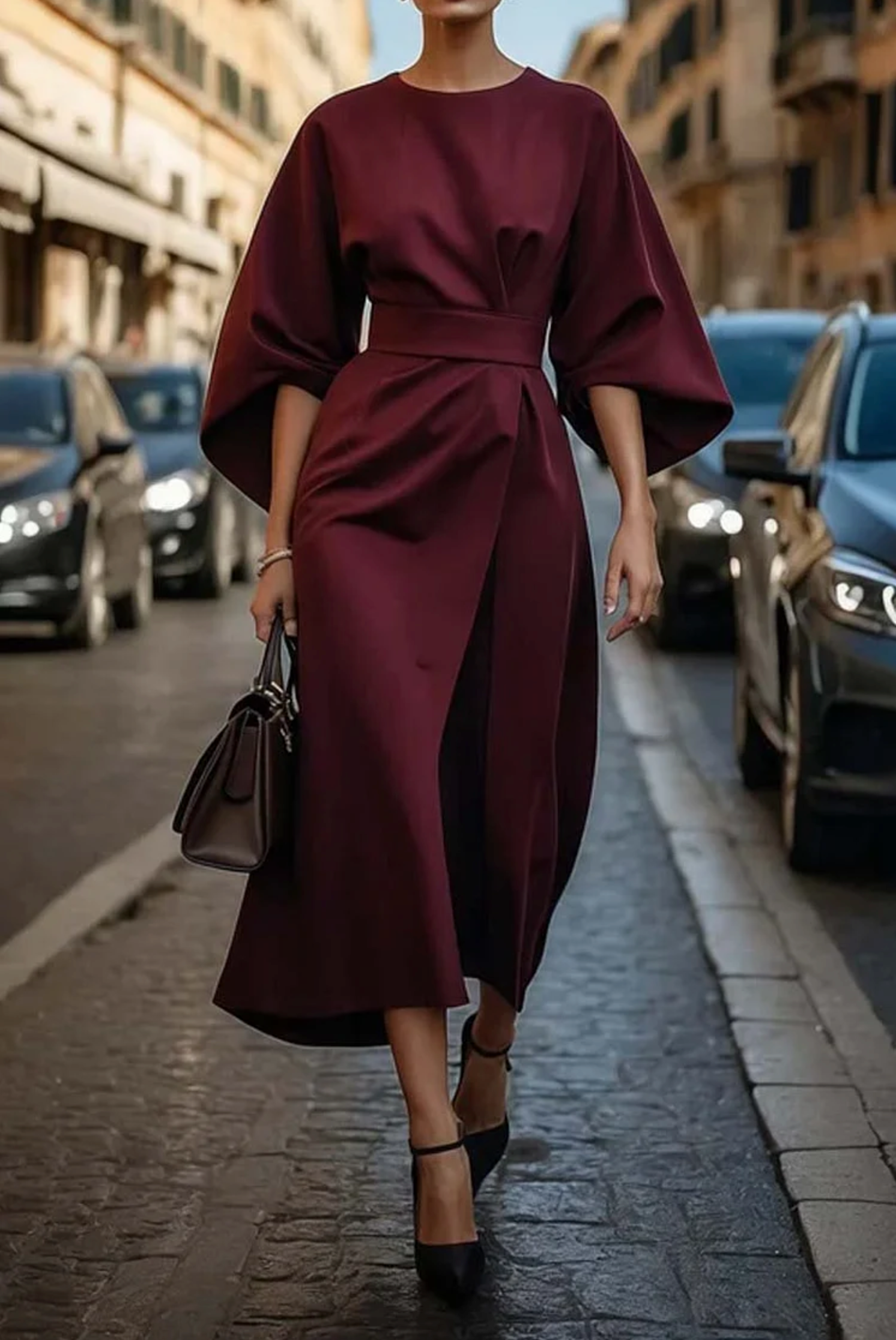 Louise Women’s Elegant Dress – Flowy Puff Sleeve Midi Dress with Adjustable Waist
