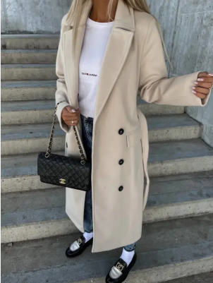 Talia Women’s Long Winter Coat – Elegant Belted Trench Coat with Double Breasted Fit