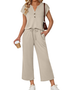 Isabelle Women’s 2-Piece Knit Set – V-Neck Top & Cropped Wide Leg Pants