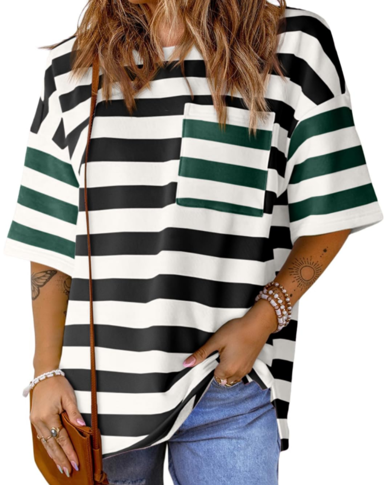 Avery Women’s Striped T-Shirt – Oversized Color Block Short Sleeve Tee
