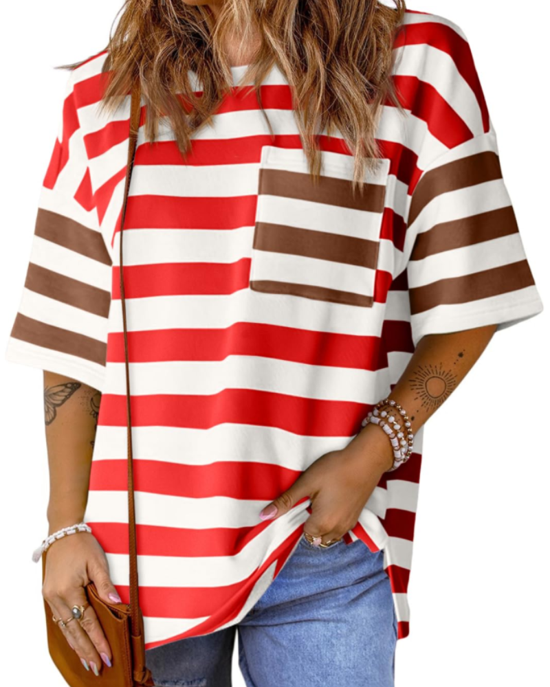 Avery Women’s Striped T-Shirt – Oversized Color Block Short Sleeve Tee