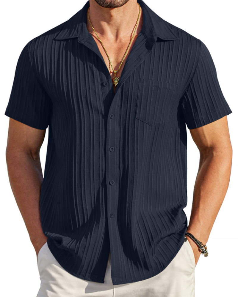 Lucas Men’s Cuban Shirt – Textured Short Sleeve Button-Down Summer Shirt