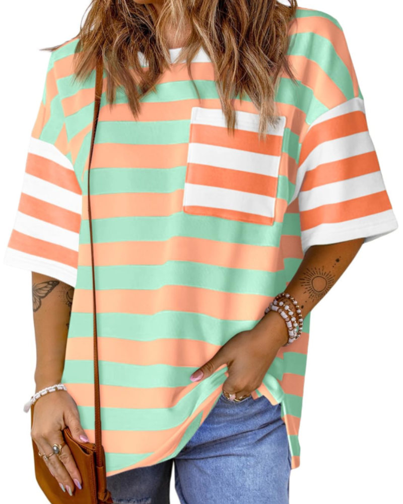 Avery Women’s Striped T-Shirt – Oversized Color Block Short Sleeve Tee