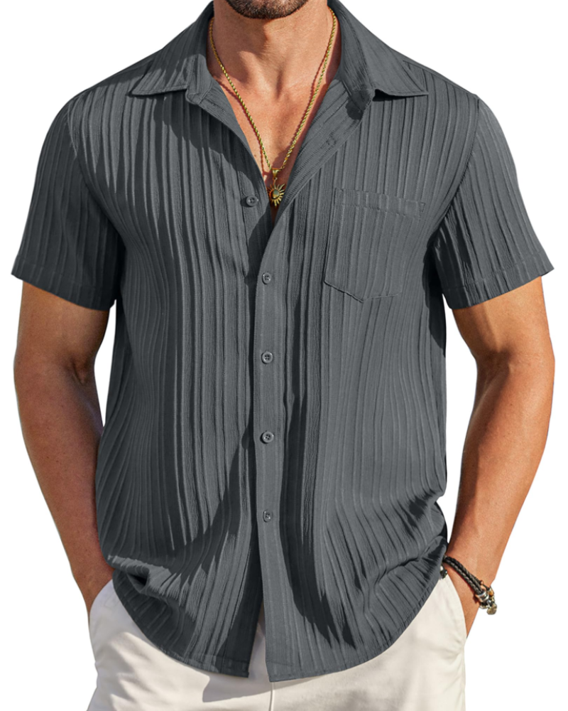 Lucas Men’s Cuban Shirt – Textured Short Sleeve Button-Down Summer Shirt