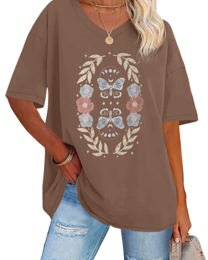 Megan Women’s Oversized Graphic Tee – V-Neck Loose Fit Casual T-Shirt
