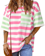 Avery Women’s Striped T-Shirt – Oversized Color Block Short Sleeve Tee