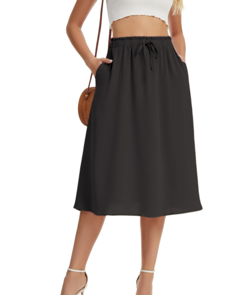 Chloe Women’s Midi Skirt – Linen-Look A-Line Skirt with Drawstring & Pockets