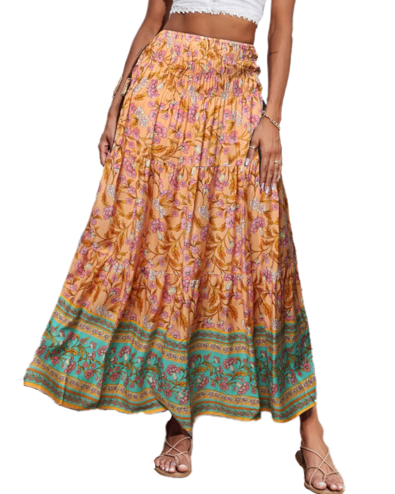 Bianca Women’s Plus Size Maxi Skirt – Boho Floral High Waist Ruffle Skirt
