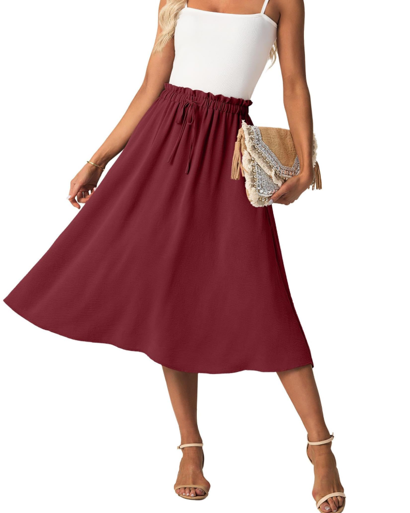 Elena Women’s A-Line Midi Skirt – Linen-Feel Drawstring Summer Skirt