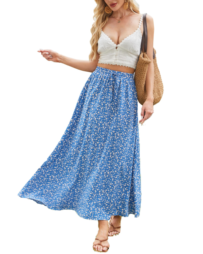 Camila Women’s Maxi Skirt – Boho Floral A-Line Skirt with Drawstring Waist