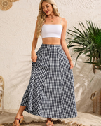 Hailey Women’s Maxi Skirt – Checked A-Line Pleated Skirt with Pockets
