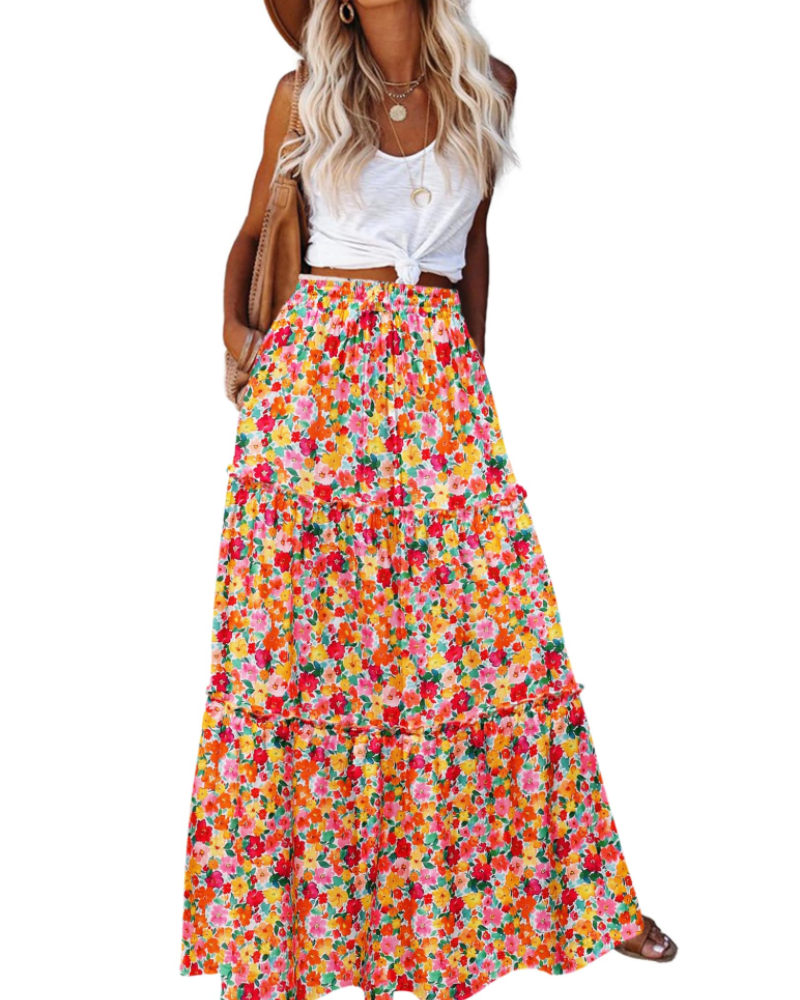 Avery Women’s Maxi Skirt – High Waist Tiered A-Line Skirt with Flared Hem