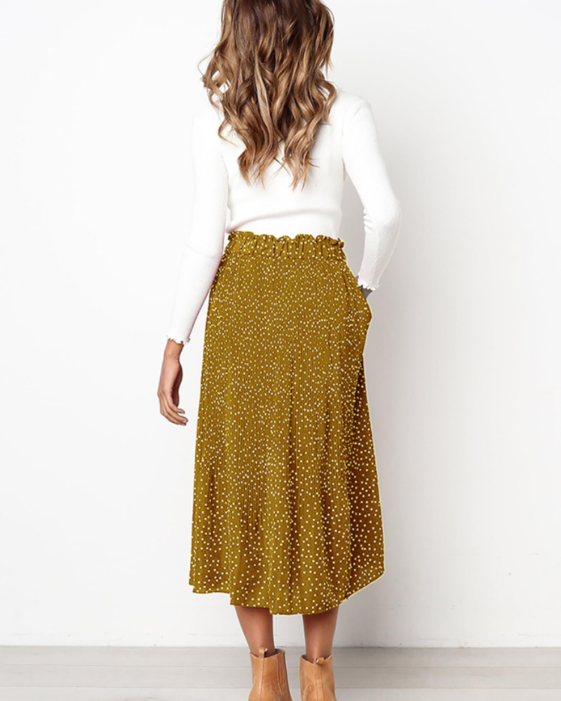 Paige Women’s Pleated Midi Skirt – Polka Dot Skirt with Elastic Waist & Pockets