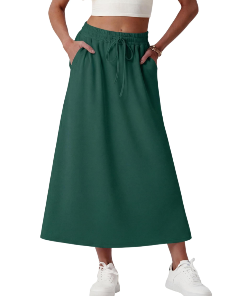 Elena Women’s Maxi Skirt – A-Line Drawstring Skirt with Pockets