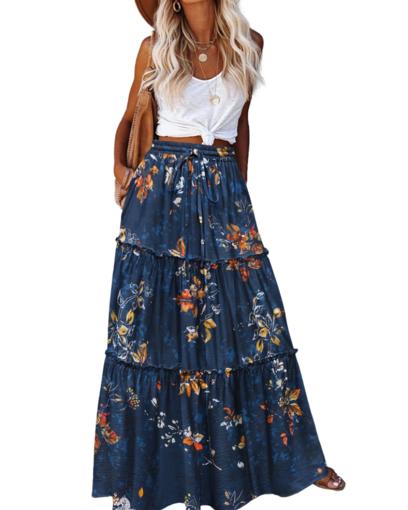 Avery Women’s Maxi Skirt – High Waist Tiered A-Line Skirt with Flared Hem