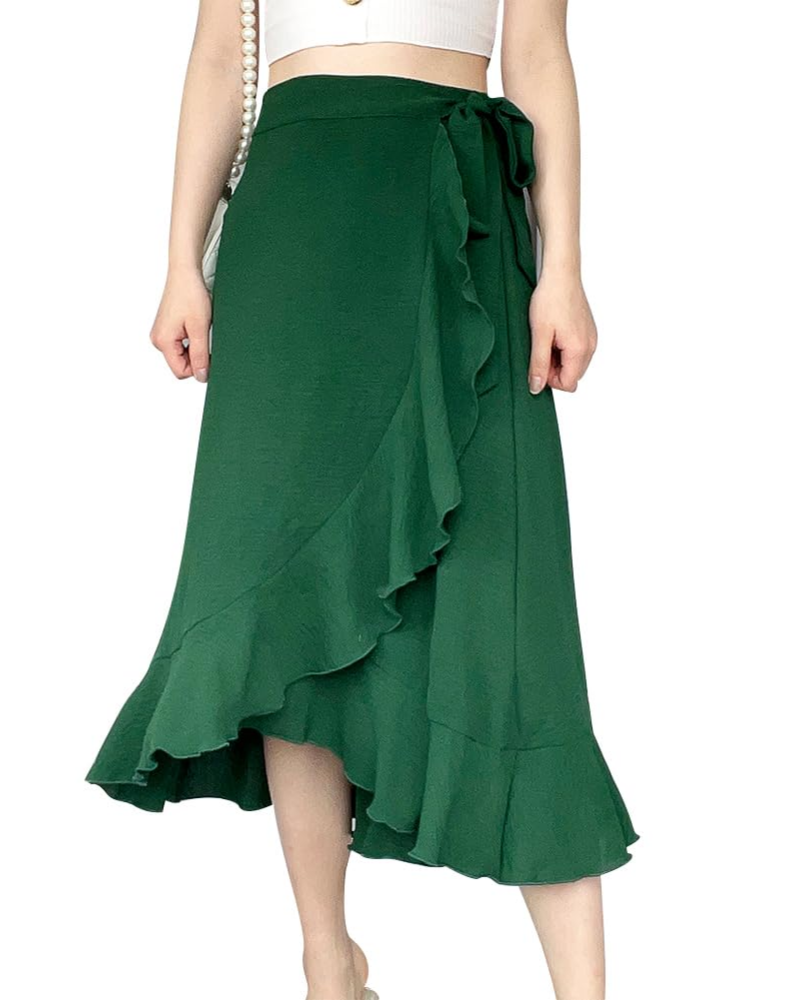 Olivia Women’s Wrap Skirt – High Waist Asymmetrical Ruffle Midi Skirt