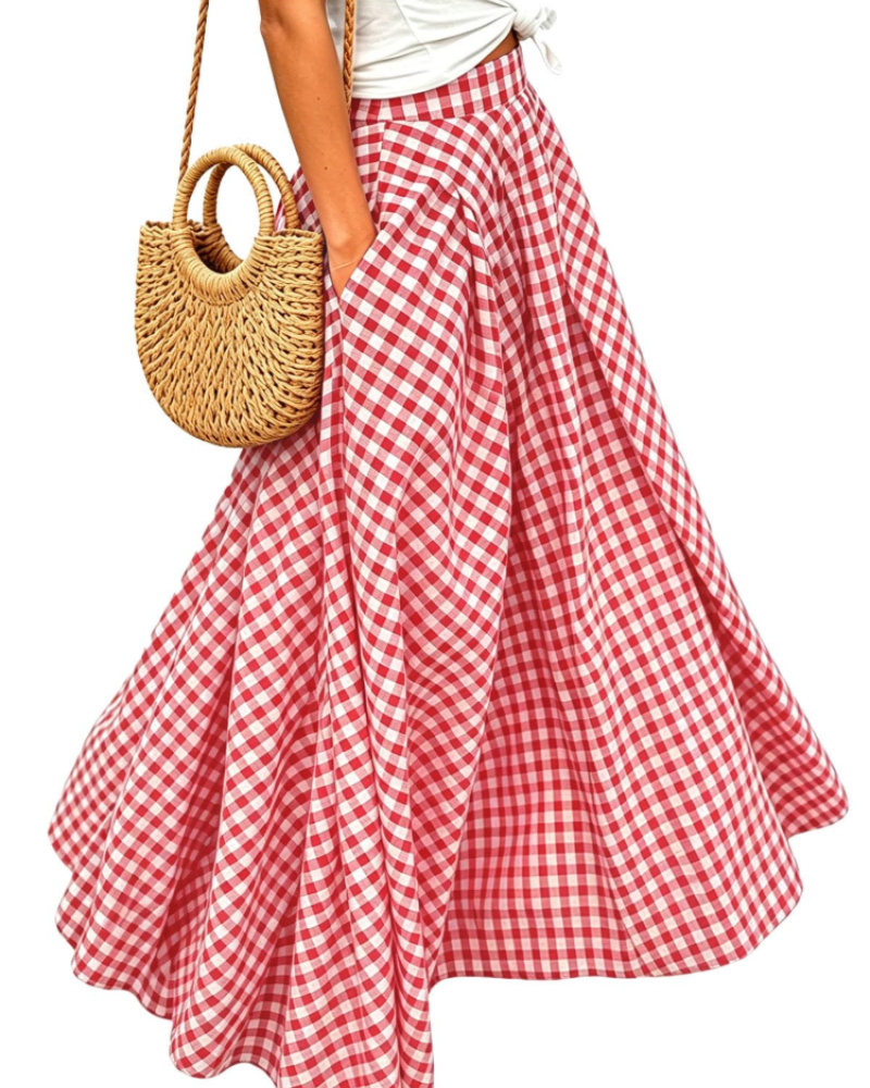 Hailey Women’s Maxi Skirt – Checked A-Line Pleated Skirt with Pockets