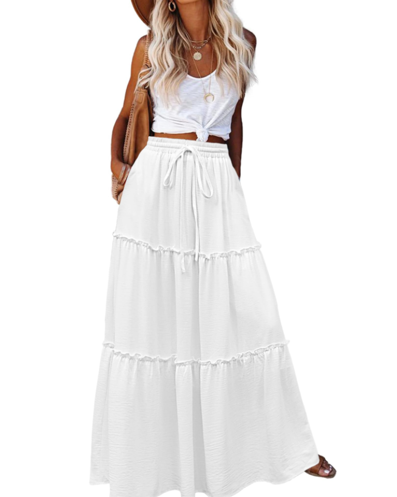 Avery Women’s Maxi Skirt – High Waist Tiered A-Line Skirt with Flared Hem