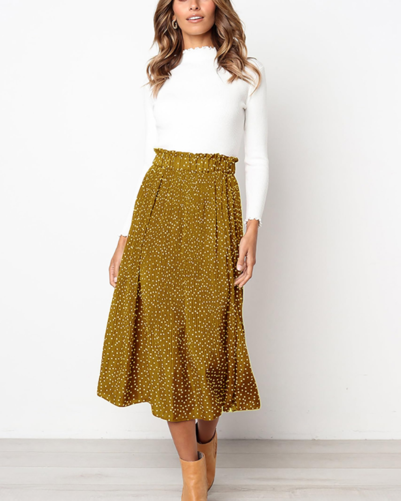 Paige Women’s Pleated Midi Skirt – Polka Dot Skirt with Elastic Waist & Pockets