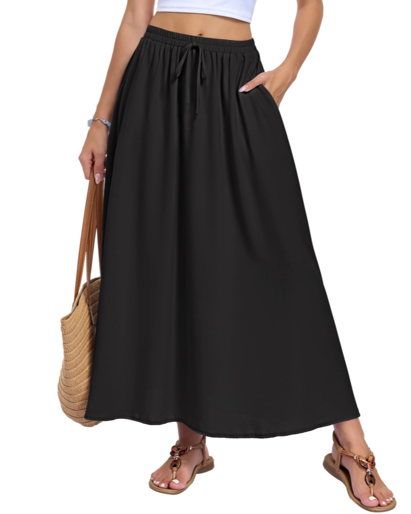 Naomi Women’s Maxi Skirt – High Waist A-Line Drawstring Skirt with Pockets