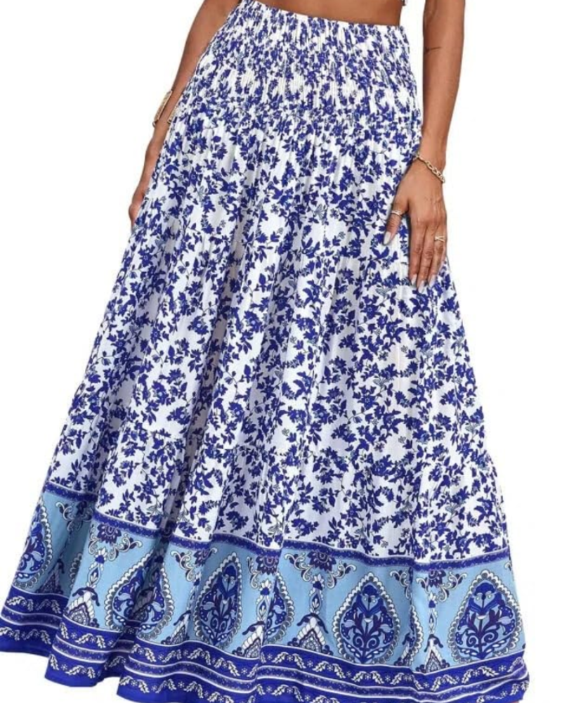 Ruby Women’s Maxi Skirt – Floral Boho High Waist Tiered A-Line Skirt