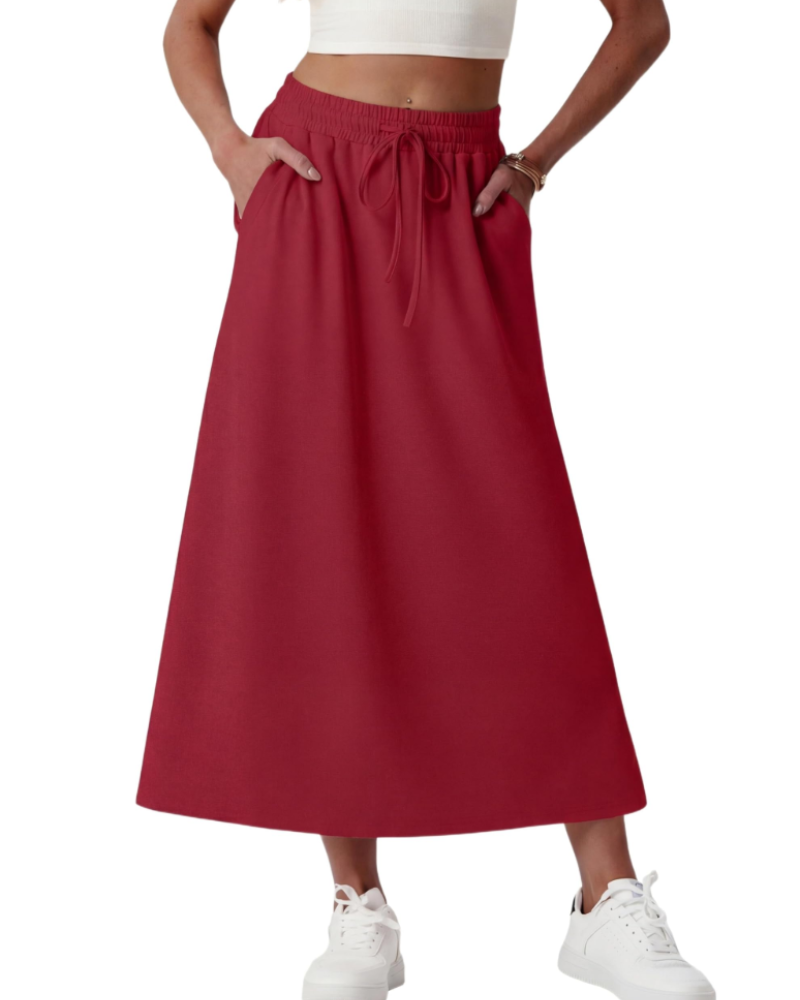 Elena Women’s Maxi Skirt – A-Line Drawstring Skirt with Pockets