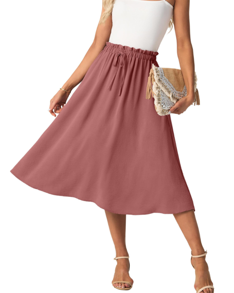 Elena Women’s A-Line Midi Skirt – Linen-Feel Drawstring Summer Skirt