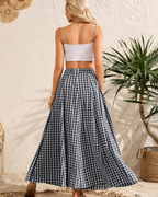 Hailey Women’s Maxi Skirt – Checked A-Line Pleated Skirt with Pockets