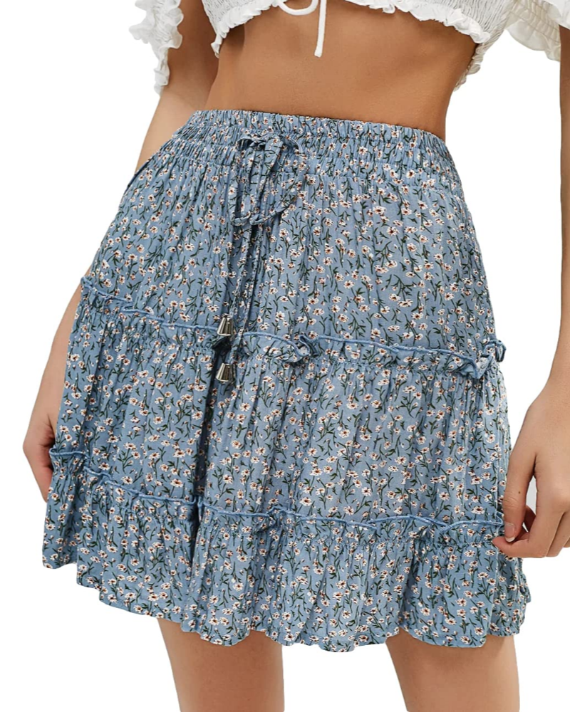 Bella Women’s Mini Skirt – Boho Floral High Waist Skirt with Drawstring
