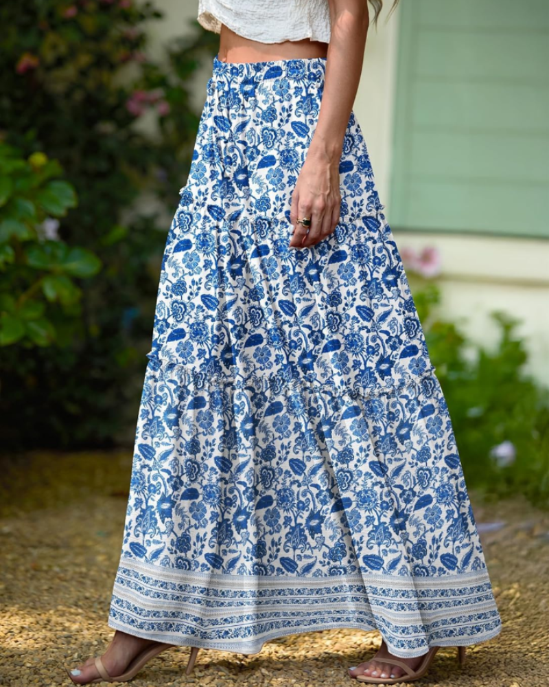 Penelope Women’s Maxi Skirt – Boho Floral High Waist Skirt with Pockets
