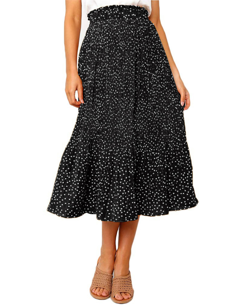 Paige Women’s Pleated Midi Skirt – Polka Dot Skirt with Elastic Waist & Pockets