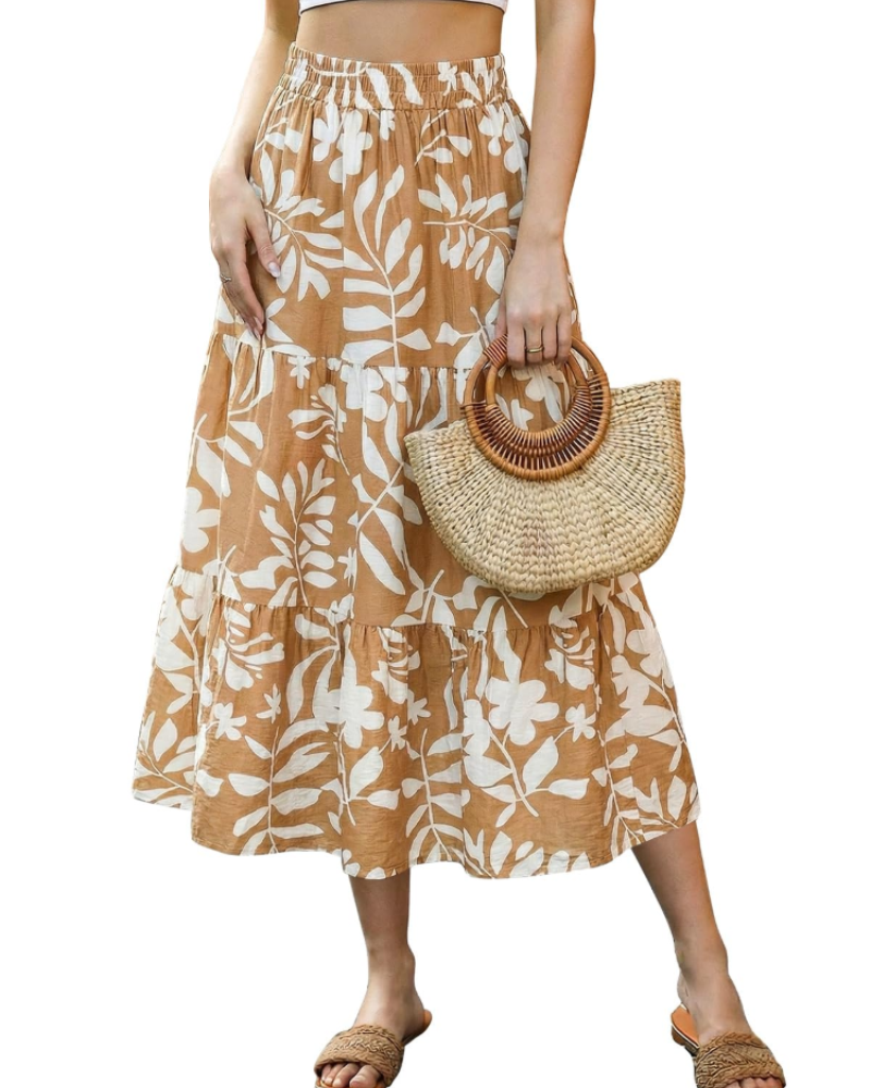 Juliet Women’s Midi Skirt – Floral A-Line Calf-Length Skirt with Elastic Waist