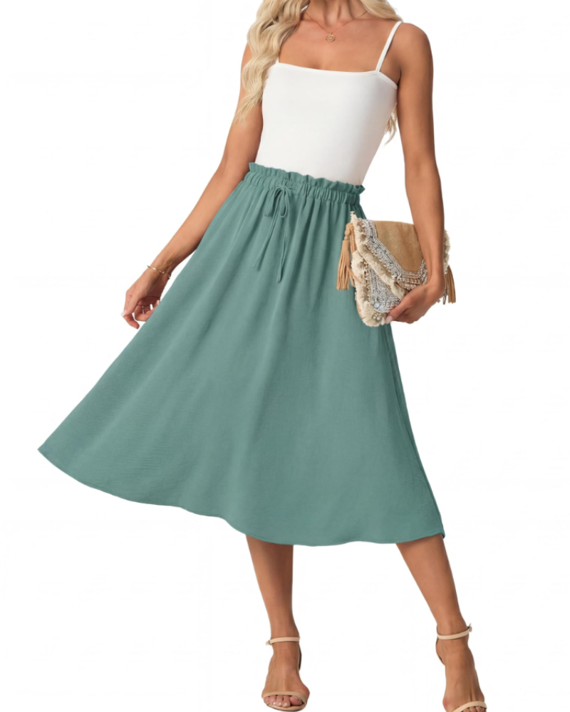 Elena Women’s A-Line Midi Skirt – Linen-Feel Drawstring Summer Skirt