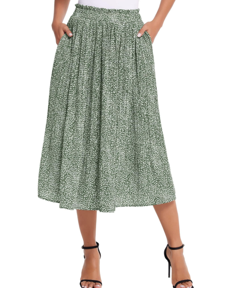Stella Women’s Pleated Midi Skirt – Polka Dot Chiffon Skirt with Pockets