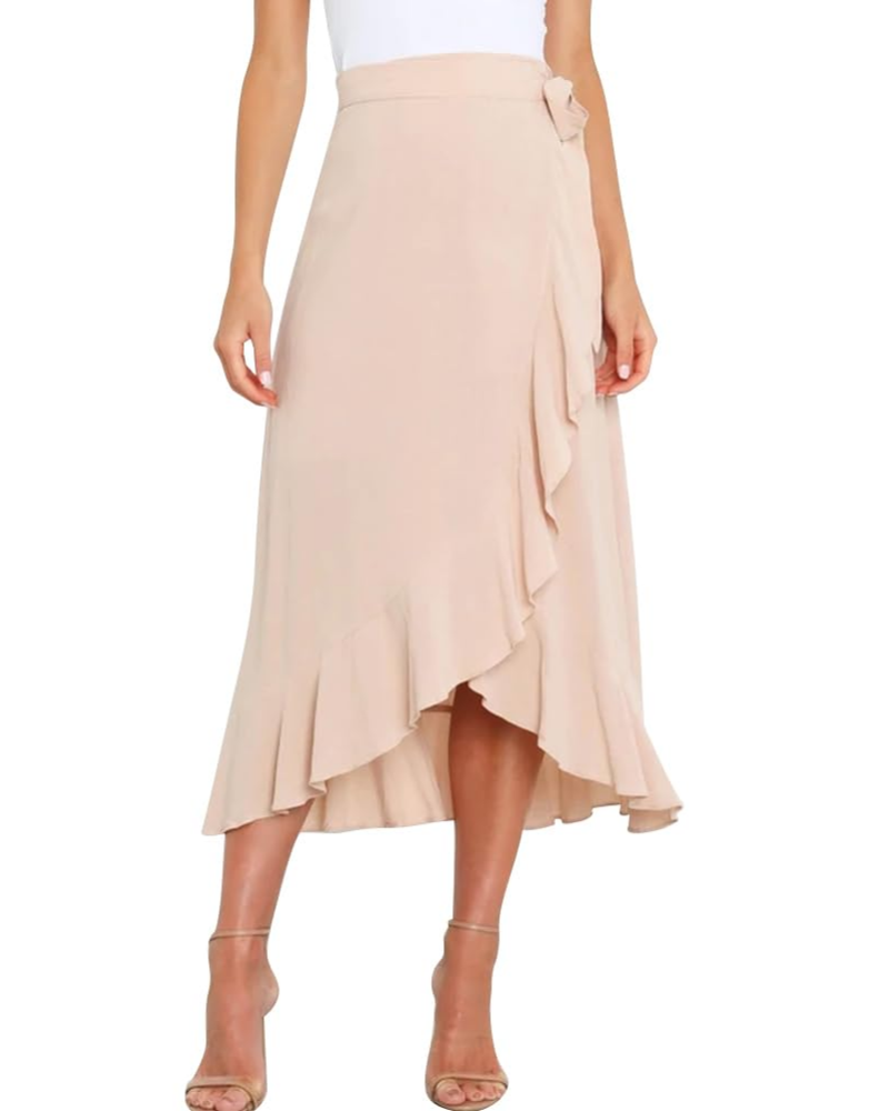 Olivia Women’s Wrap Skirt – High Waist Asymmetrical Ruffle Midi Skirt