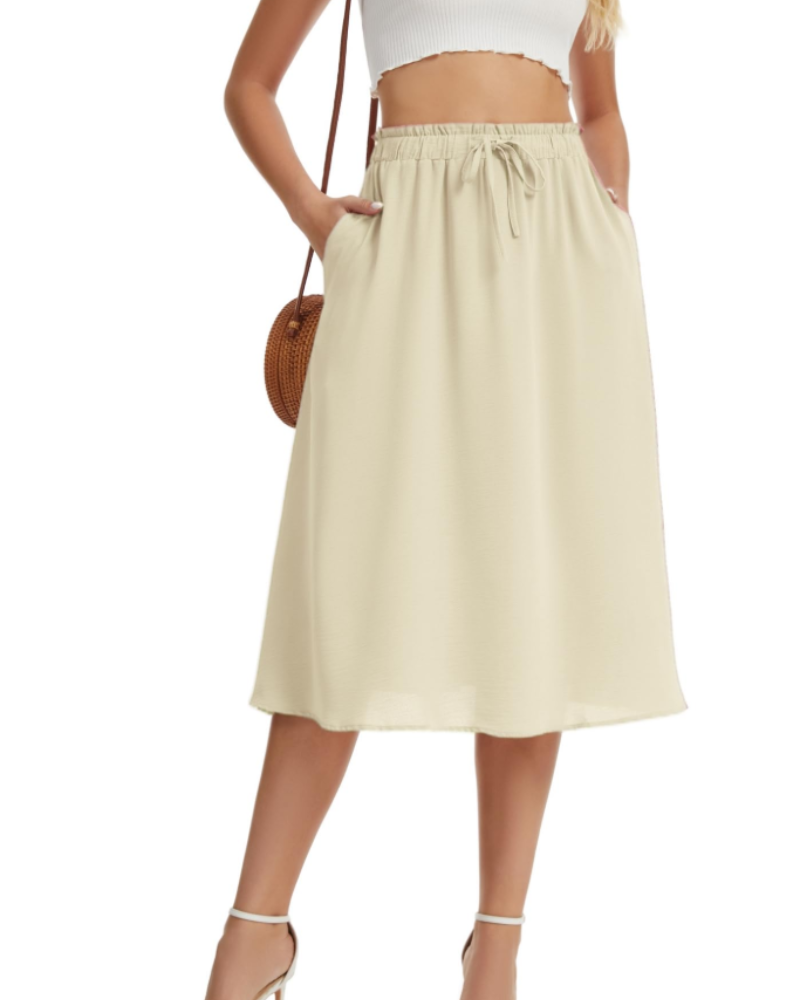 Chloe Women’s Midi Skirt – Linen-Look A-Line Skirt with Drawstring & Pockets