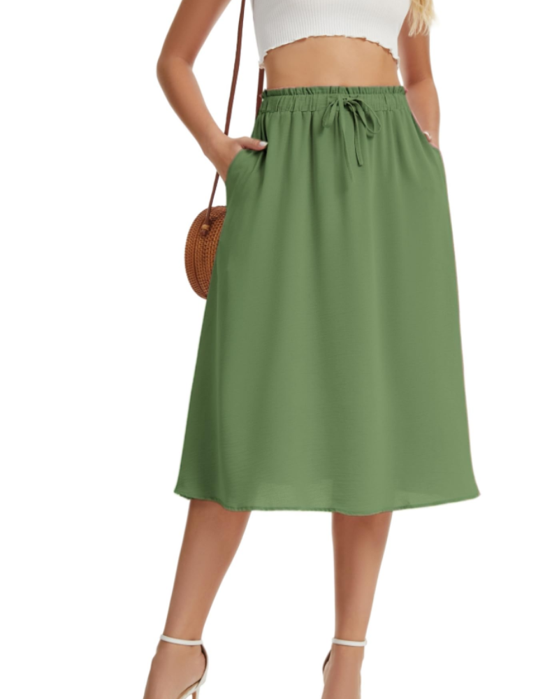 Chloe Women’s Midi Skirt – Linen-Look A-Line Skirt with Drawstring & Pockets
