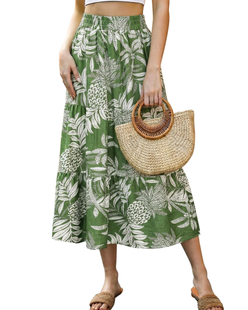 Juliet Women’s Midi Skirt – Floral A-Line Calf-Length Skirt with Elastic Waist