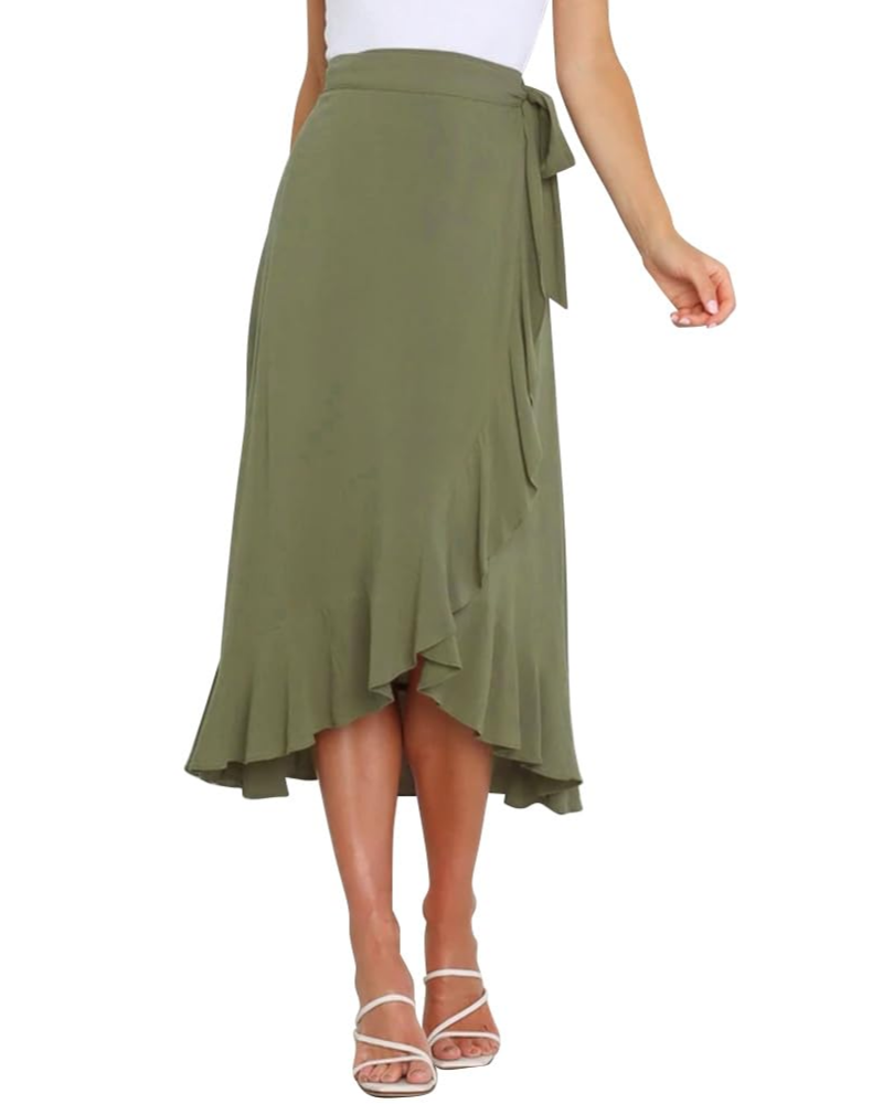 Olivia Women’s Wrap Skirt – High Waist Asymmetrical Ruffle Midi Skirt